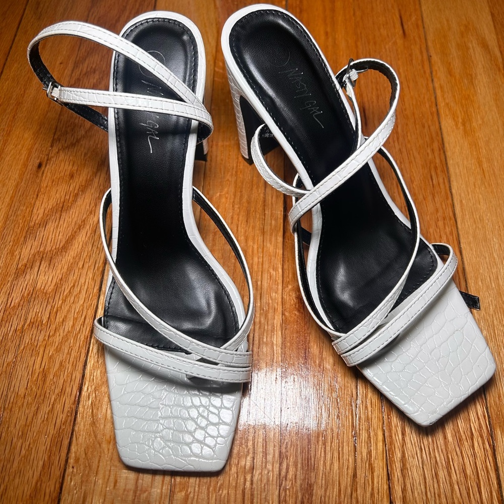 Nasty Gal White Croc-Embossed Strappy Heels